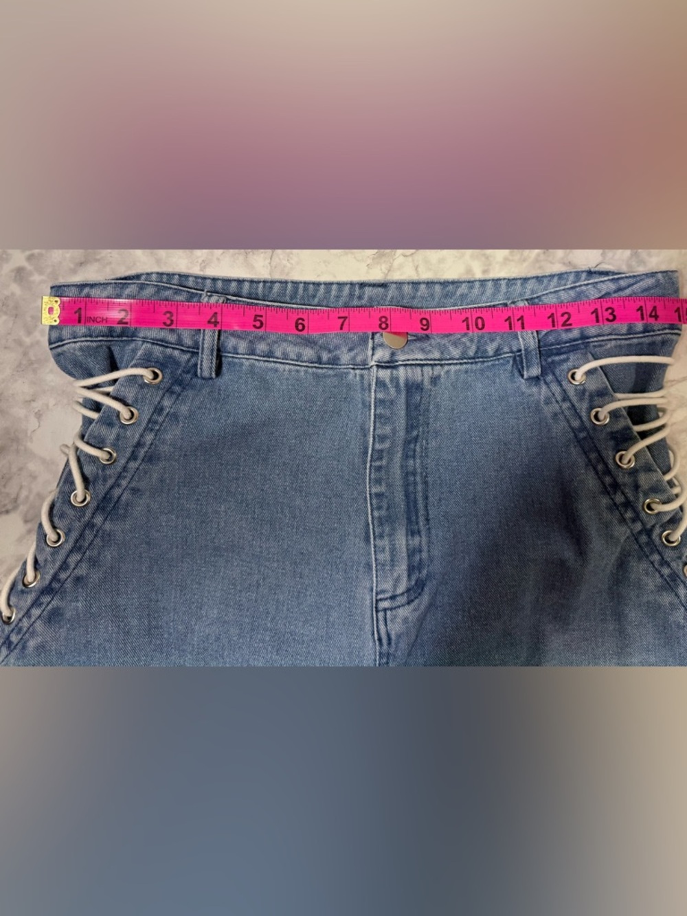 Le Lis Light Blue retro look flare-Leg Y2K faded Jean with Lace-Up Sides size L - Picture 3 of 9